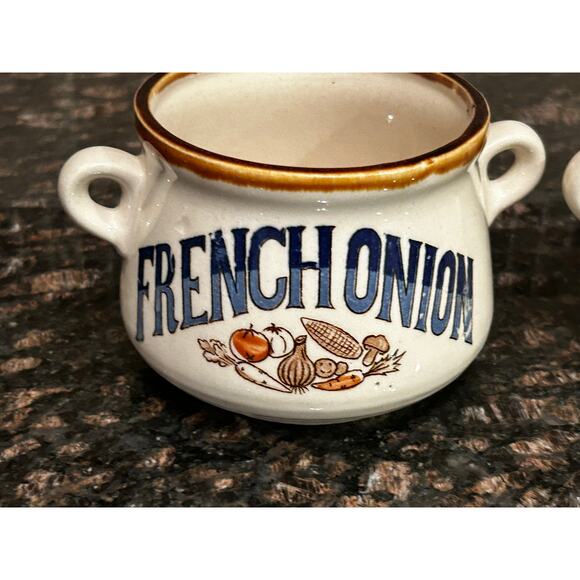 Vintage Set of 4 Stoneware Japan handle Soup Bowls Onion Bean Mushroom Cups Mugs - Picture 6 of 11